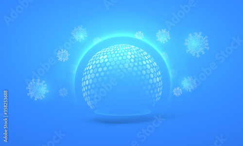 Bubble shield virus and infection protection vector illustration on a blue background. The sphere in the form of a force energy field or barrier is protected from external factors in an abstract style