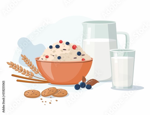 Oatmeal porridge with blueberry and milk. Breakfast time.