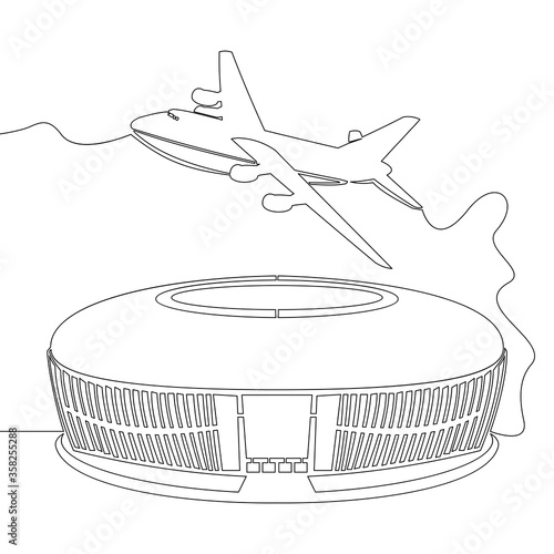 Continuous line drawing airport with airplane