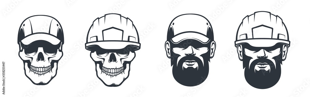 Skull mechanic in cap and hardhat. Worker head in helmet - vintage style. Vector retro illustration Skull mechanic in cap and hardhat. Worker head in helmet - vintage style. Vector retro illustration