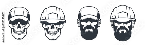 Skull mechanic in cap and hardhat. Worker head in helmet - vintage style. Vector retro illustration
