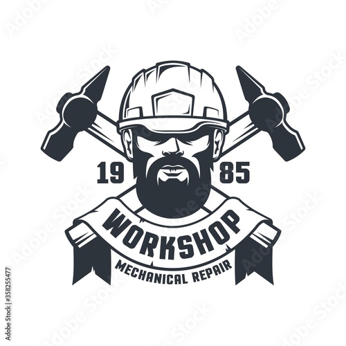 Industrial worker in hard hat and crossed hammers - retro logo. Mechanical workshop with tools and handyman in helmet. vector illustration