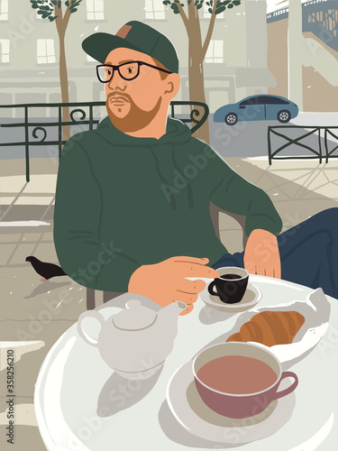 Man with beard sitting at table in sunny street cafe or coffeehouse. Guy enjoys drinking coffee with croissant in open air. Breakfast and cup of tea outdoors. Summer time in city vector illustration.