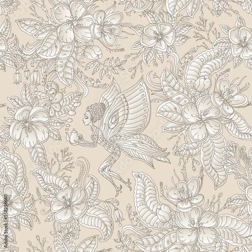 Vector floral seamless fairy tale pattern. Flowers, leaves brown contour and fantasy butterfly pixie woman with teapot. Thin line drawing on a beige background. Batik paint
