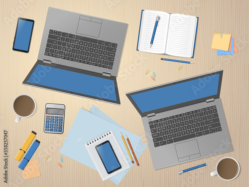 White desk with two laptops and supplies. Workspace with blank screen laptops. Remote work, freelance, online learning, distance education. Top view, flat lay. Vector illustration