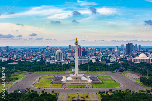 Jakarta, Indonesia - 19th February 2019: Aerial view of Tugu Monas (Monumen Nasional) or National Monument. Jakarta Bay is visible in the far background.