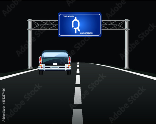 Roadway overhead gantry sign depicting the perceived north south divide in the United Kingdom 