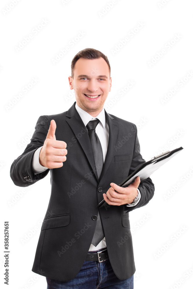 Smiling businessman with a clipboard giving thumb up Smiling businessman with a clipboard giving thumb up