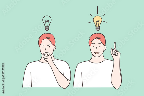 Success, thought, problem, business, imagination set concept. Young pensive man thinking about trouble solution. Happy boy has creative idea. Creativity and goal achievement or intelligence knowledge.