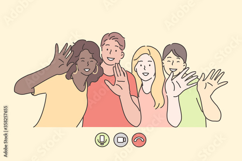 Teamwork, friendship, multiculture, race concept. Multiracial team young chinese african american men women boys girls greeting together. Unity in diversity and multinational society illustration.