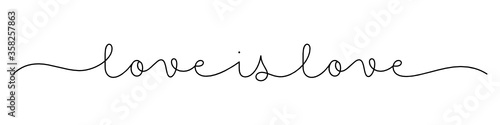 LOVE IS LOVE black vector monoline calligraphy banner with swashes