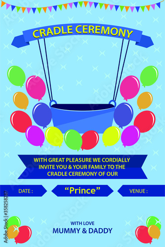 The attractive and colorful design of the greeting card for the cradle ceremony of the child in a very creative style.
