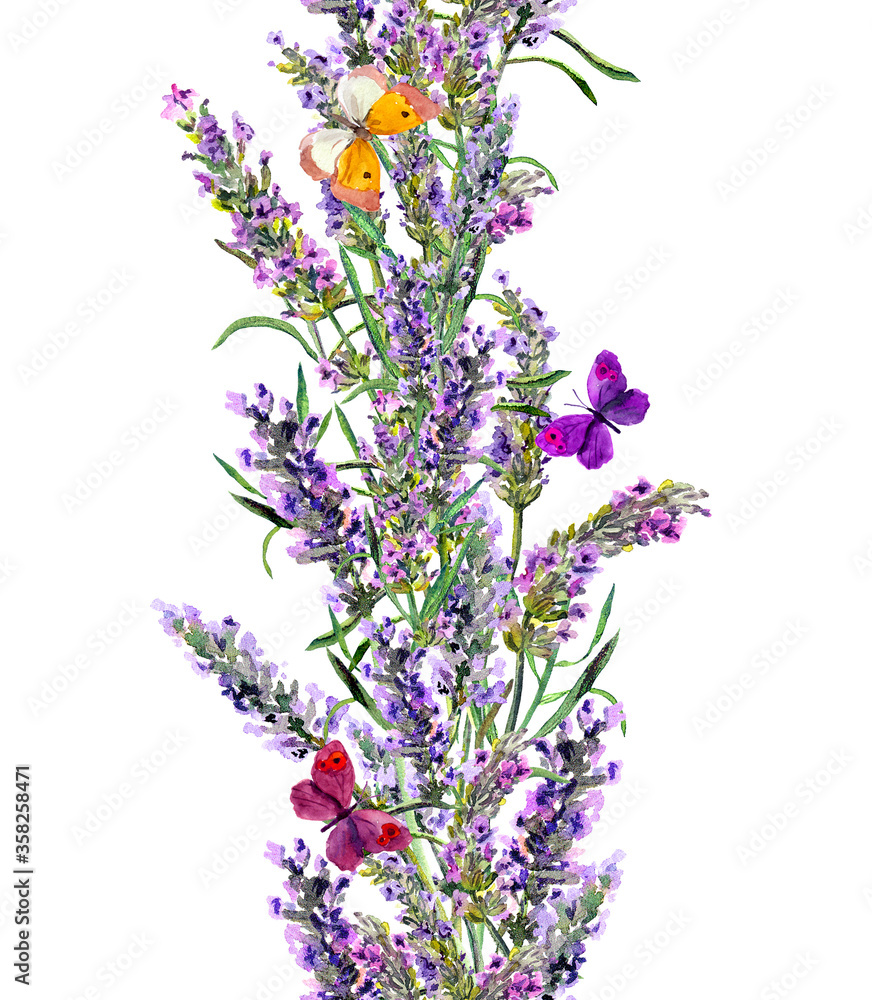 Fototapeta premium Lavender seamless frame and butterflies. Watercolor stripe