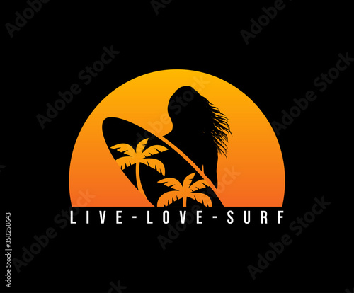 Pretty women surfer with sunset icon. surfing fashion print design for t-shirt and other uses. retro surfing graphic vector design.
