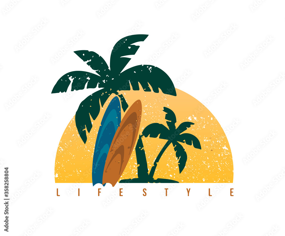 Vintage surf logo print design for tshirt and other uses. Sunset, surfboard,palm tree icon