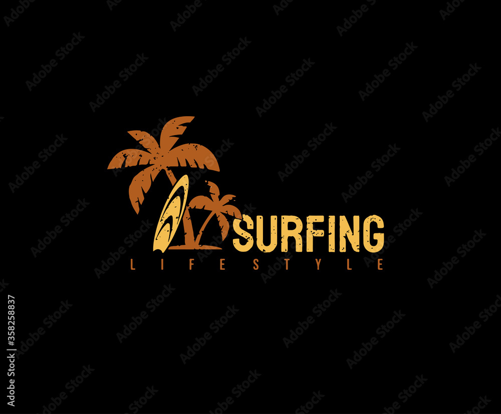 Surfing Design. Surfing Typography use palm and surfboard element.