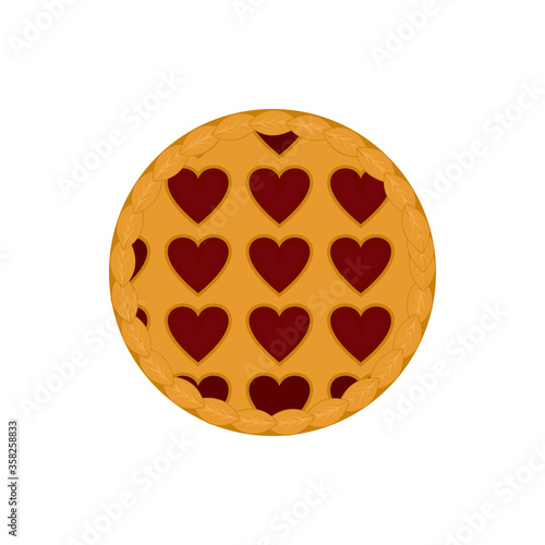 Вишневый пирог с решеткой из теста в виде сердца.
Cherry pie with a lattice of dough in the form of a heart. Dessert with lattice of dough for thanksgiving holiday. Top view
