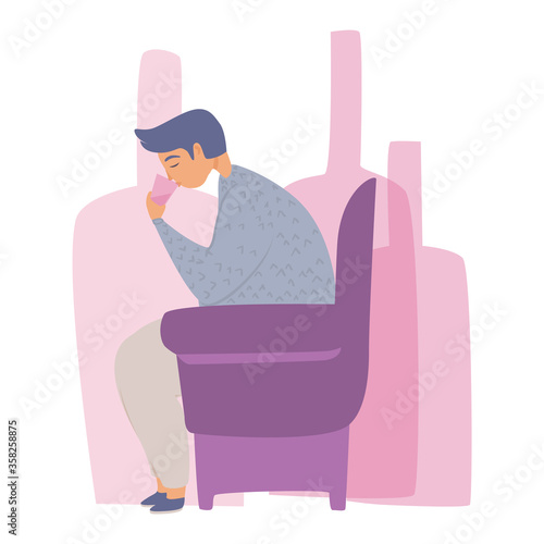 Alcohol addiction, mental disorders flat vector illustration. Sad man drinking alcohol while sitting on an armchair. Dipsomaniac, alcohol danger for health, boozer and drinker concept. 