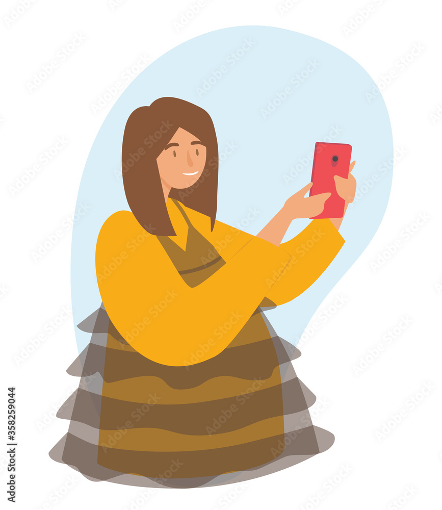 Blogger is recording video on the phone. Concept of live streaming, broadcast, social media networking, personal blog, making money on Internet. Girl takes video and selfie flat vector illustration