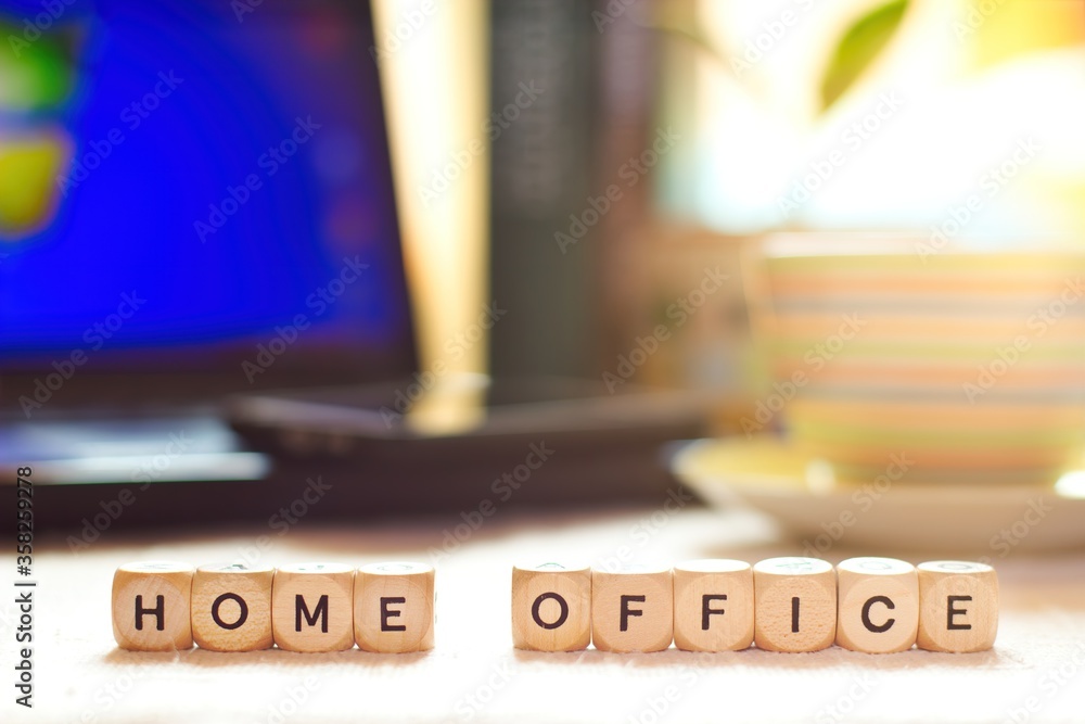 Homeoffice Illustration with letter cubes, text, 3d, business, work