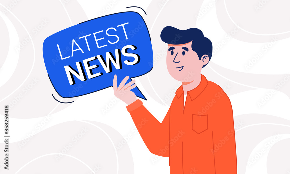 Young man with light smile in casual shirt holding latest news speech bubble in his hands. Guy attracting attention to new information Young man with light smile in casual shirt holding latest news speech bubble in his hands. Guy attracting attention to new information
