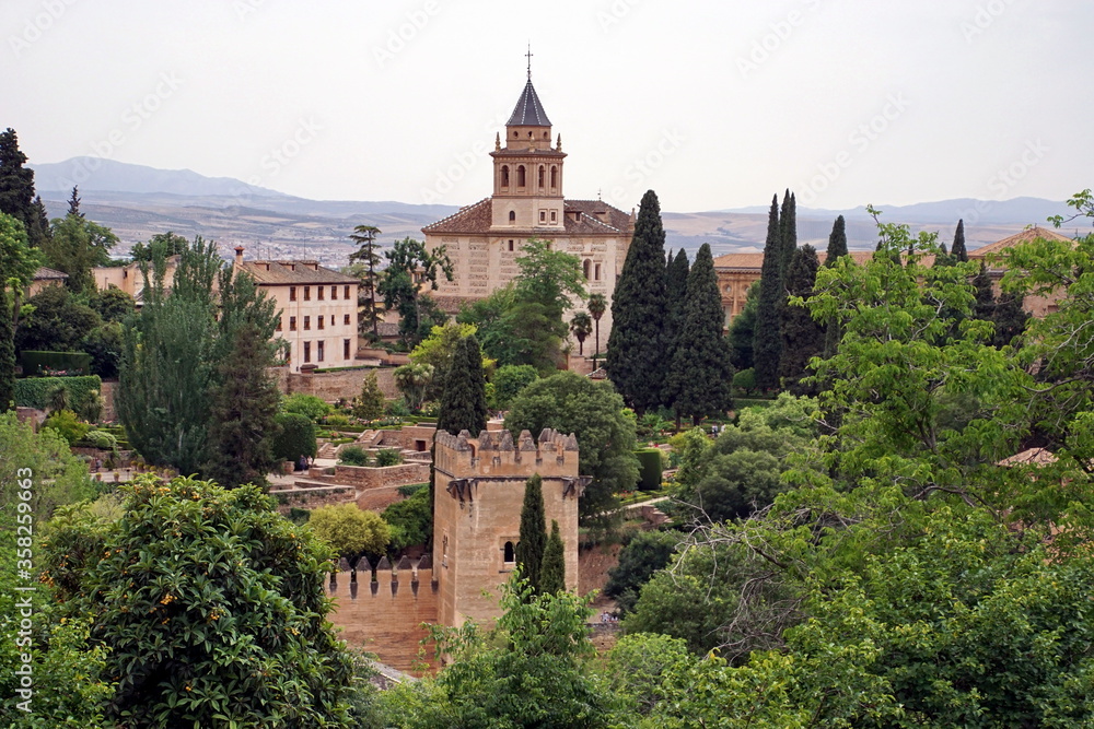 Alhambra or Red Castle in Granada spanish city, located on top of hill al-Sabika. Moorish palace fortress complex in Andalusia, Spain
