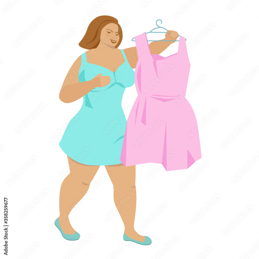 Plus size girl holding a short pink dress. Vector illustration in flat cartoon style. Isolated on a white background. Plus size girl holding a short pink dress. Vector illustration in flat cartoon style. Isolated on a white background.