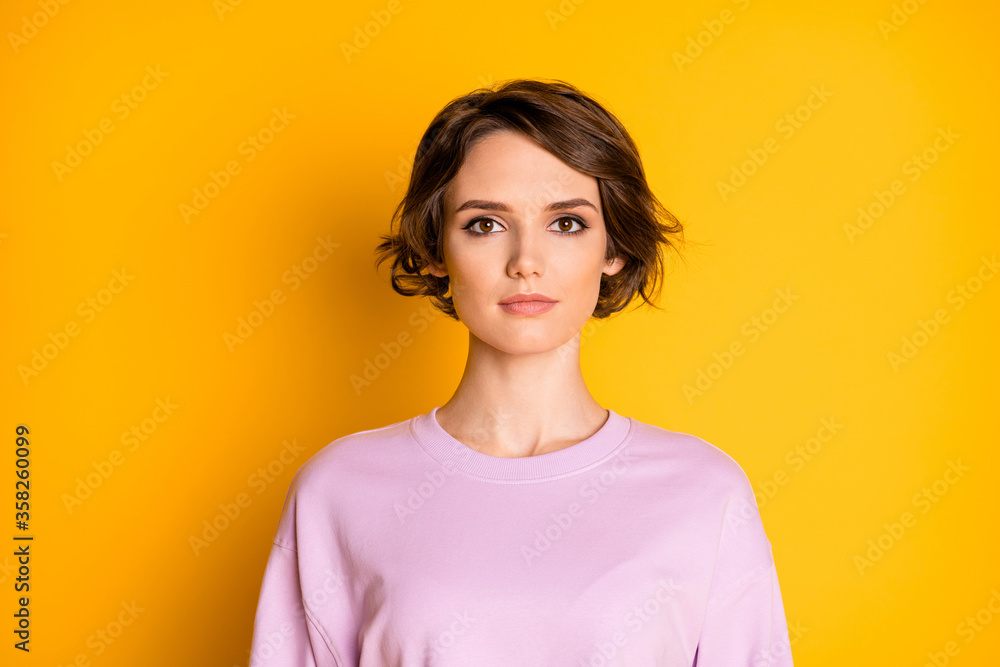 Portrait of minded lovely youth girl hear entrepreneur what decisions solution decide choose wear autumn season clothes isolated over vibrant color background Portrait of minded lovely youth girl hear entrepreneur what decisions solution decide choose wear autumn season clothes isolated over vibrant color background