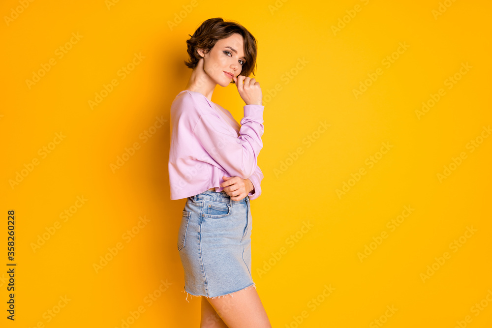Profile side photo of nice pretty youngster magnificent lady want attract high school guy wear stylish outfit pullover isolated over vibrant color background Profile side photo of nice pretty youngster magnificent lady want attract high school guy wear stylish outfit pullover isolated over vibrant color background