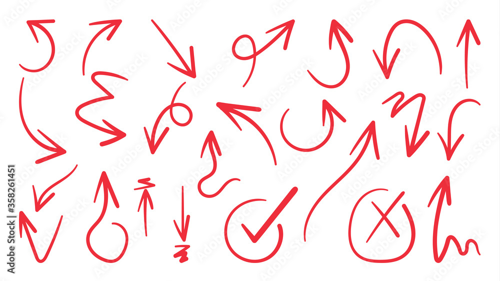 Red hand drawn arrow vector icons set. sketch arrow design for business plan and education. Red hand drawn arrow vector icons set. sketch arrow design for business plan and education.