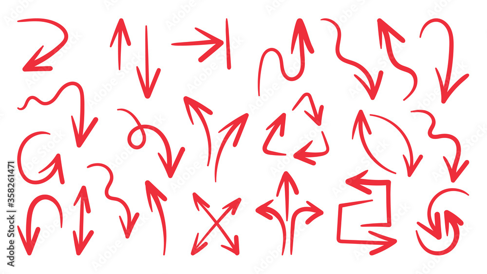 Red hand drawn arrow vector icons set. sketch arrow design for business plan and education. Red hand drawn arrow vector icons set. sketch arrow design for business plan and education.