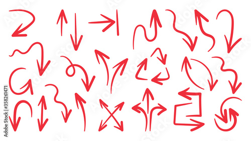 Red hand drawn arrow vector icons set. sketch arrow design for business plan and education.
