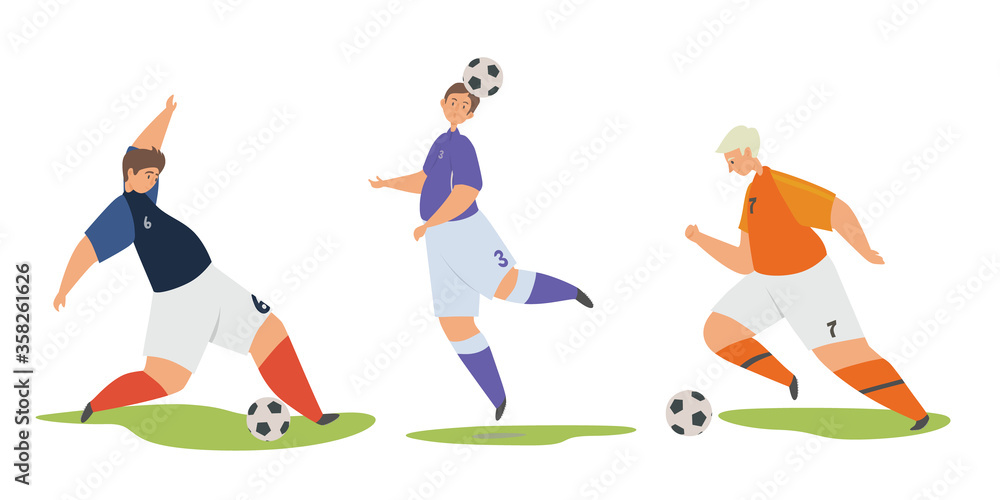 Soccer player kicking ball flat vector illustration. Football players set in sports uniforms in different poses of hitting and taking the ball. European football championship, Europe Football concept