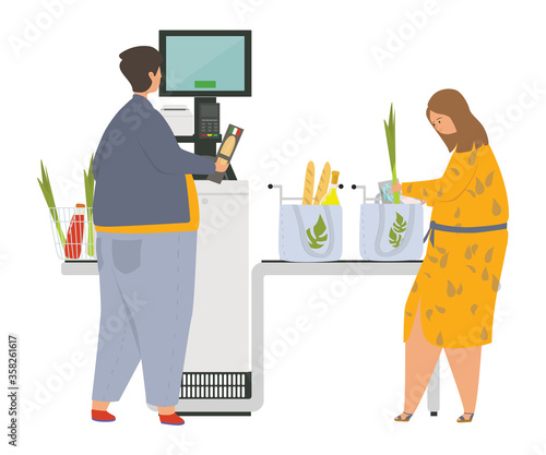 Self-service checkout in the grocery supermarket shop flat vector illustration. Man and woman use self-service cashier or terminal. Self-service concept, purchase of products and goods without a queue
