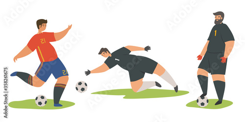 Soccer player kicking ball flat vector illustration. Football players set in sports uniforms in different poses of hitting and goalkeeper. European football championship, Europe Football concept