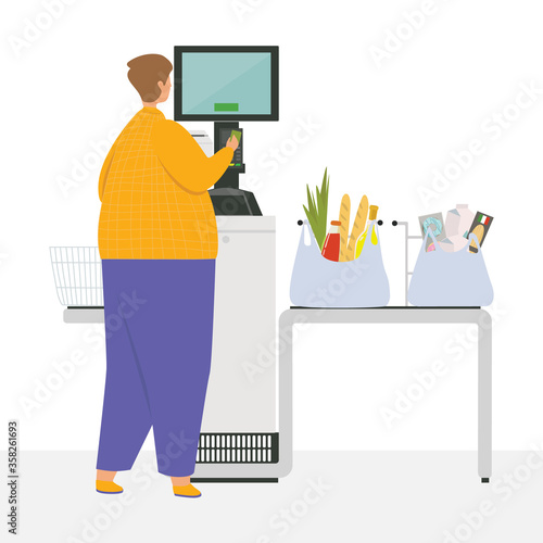 Self-service checkout in the grocery supermarket shop flat vector illustration. Man use self-service cashier or terminal. Self-service concept, purchase of products and goods without a queue