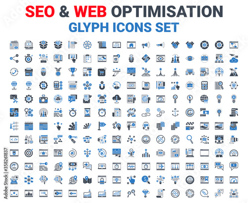 SEO Glyph Icons Set. Glyph Blue Icons Set of Search Engine Optimization, Website and APP Design and Development. Simple Glyph Pictogram Pack. Logo Concept, Web Graphic. Vector icons. Editable Stroke.
