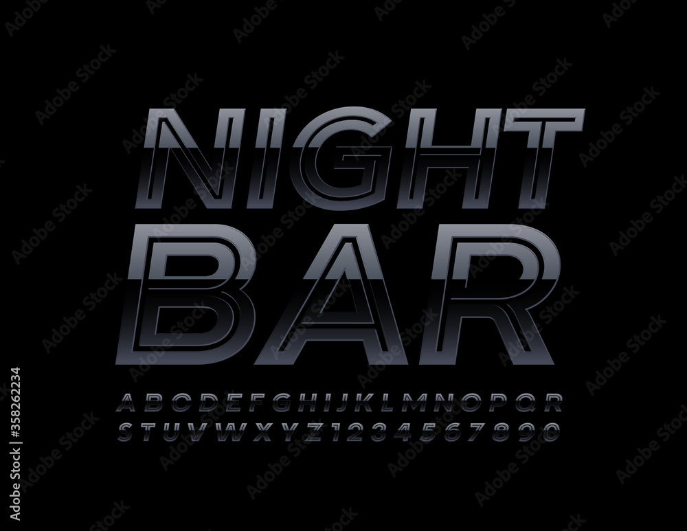 Vector modern logo Night Bar. Glossy Black Font. Elite creative line Alphabet Letters and Numbers