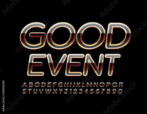 Vector premium card Good Event. Glossy Black and Gold Font. Elite Alphabet Letters and Numbers