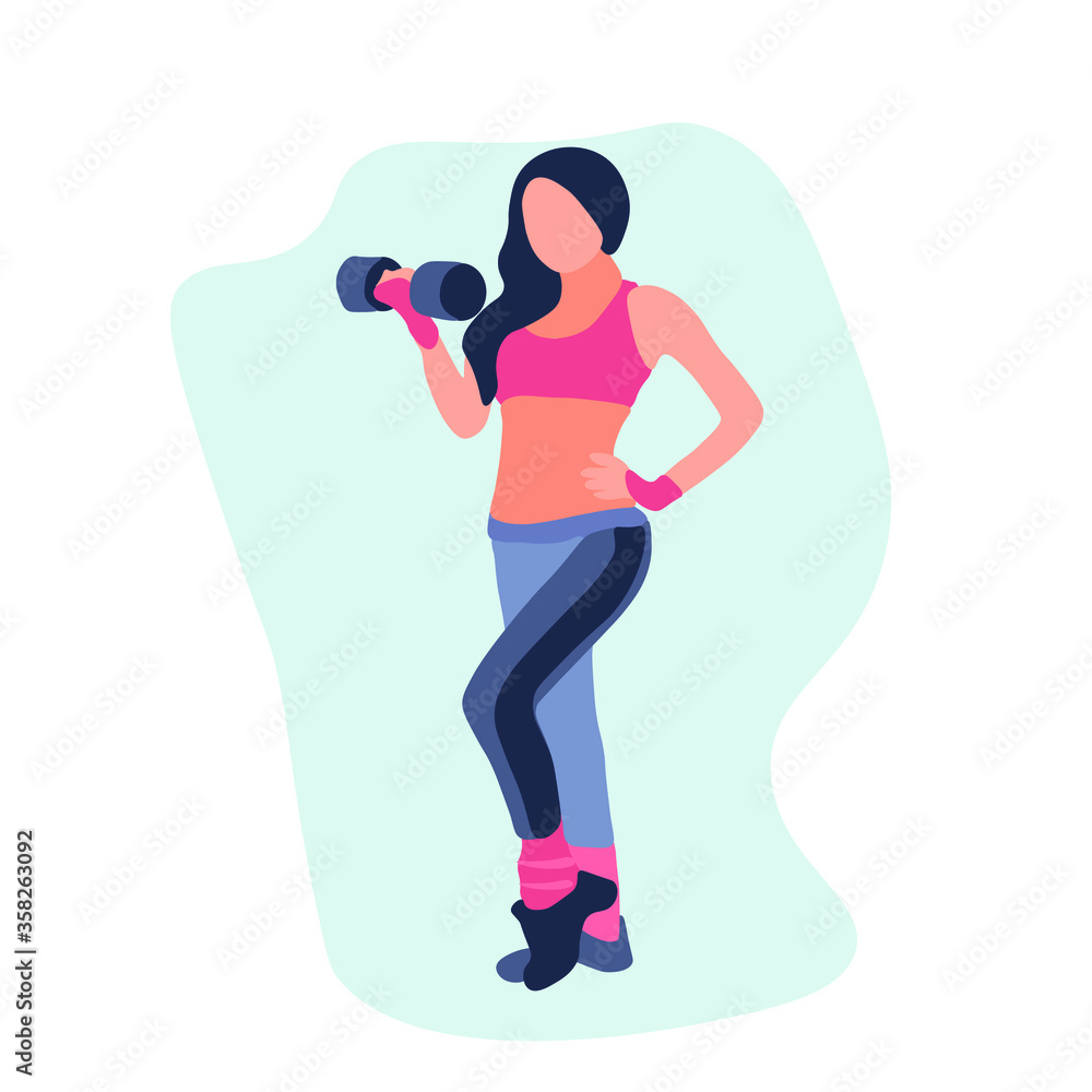 Strong woman with dumbbells in hands in sportswear isolated.Female athlete in sportswear.Sports girl.Heavy athletics,bodybuilding.Sportswoman working out,training.Flat cartoon style illustration. Strong woman with dumbbells in hands in sportswear isolated.Female athlete in sportswear.Sports girl.Heavy athletics,bodybuilding.Sportswoman working out,training.Flat cartoon style illustration.