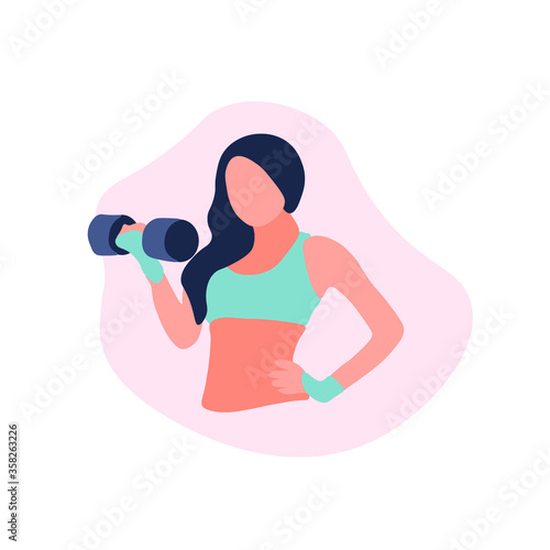 Vector isolated illustration of woman holding dumbbell in a flat design style. Girl character in a modern style training. Fitness lady. Work out young person.