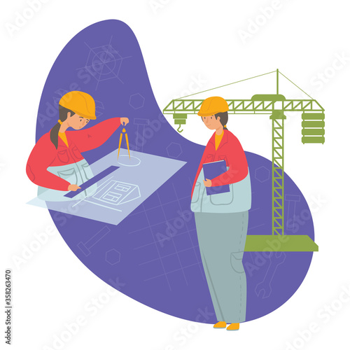 Girl in STEM flat vector illustration. E-learning, Girls in exact sciences, gender equality and stereotypes, Stem education concept. Architect girl draws a drawing using a compass and a ruler