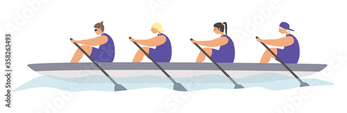 Championship games sports types flat vector illustration. Dual, Team Rowing, Water Sports Variety Concept. A team of people row in a boat, kayaking and canoeing sport