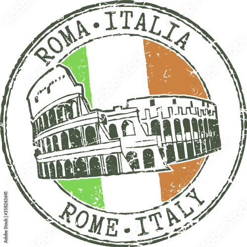 Rubber grunge stamp 'Rome-Italy'. Colosseum and Italian flag