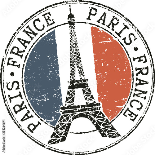 Rubber grunge stamp 'Paris-France' with Eiffel tower and french flag