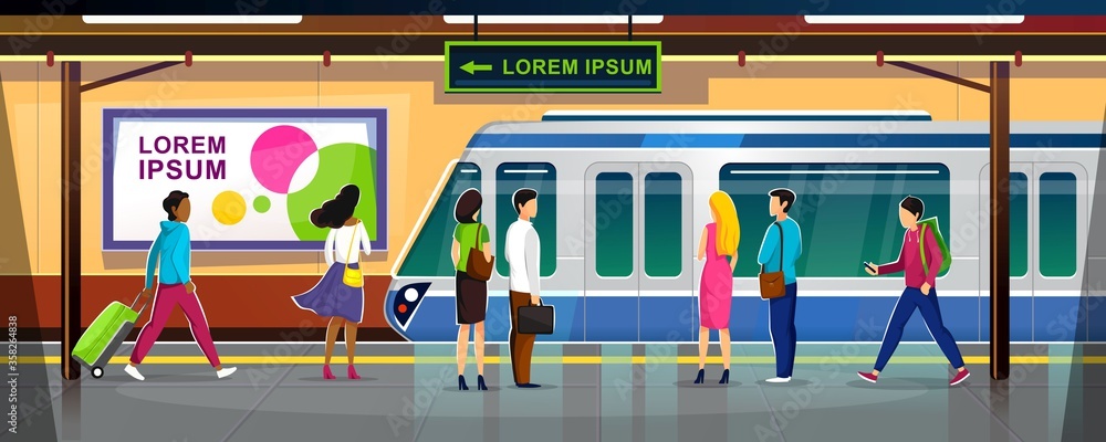 Fototapeta Modern metro station with people and train vector illustration. Crowded subway platform flat style. Underground interior with ads banners. Railroad and urban transportation concept
