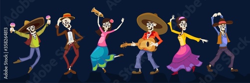 Day of dead dancing people in holiday costumes vector illustration. Cheerful crowd signing songs and celebrate flat style. Mexican halloween concept. Isolated on navy background