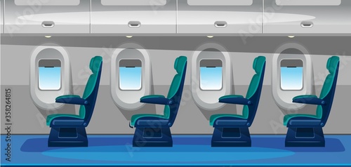 Empty airplane salon with comfortable seats vector illustration. Airplane interior design flat style. Business class seats with green chairs. Cozy places. Jet trip and vacation concept