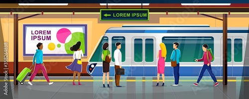 Modern metro station with people and train vector illustration. Crowded subway platform flat style. Underground interior with ads banners. Railroad and urban transportation concept