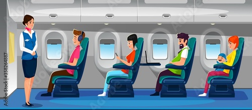 Modern airplane salon with happy passengers vector illustration. Private plane flight flat style. People busy listening music watching film on laptop and travel with child. Comfortable journey concept